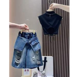 Nieuwe stijl tienermeisjes mouwloze effen gebreide vest top en cargo jeans broek 2-delige outfit kledingset - Product Image 2