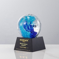 Nouveau Trophée Rond en Verre Cristal Bleu Vague, Récompense Sphérique Créative, Modèle Sculpté, Cadeau d'Affaires Personnalisé, Commémoratif