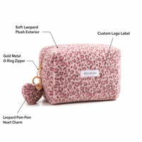 Sac cosmétique en fausse fourrure imprimé léopard OEM pour femme, grande capacité, trousse de toilette de voyage, porte-clés cœur en peluche, mignon, automne-hiver