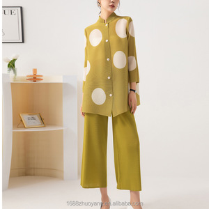 Miyake quần xếp li hai mảnh mù<span class=keywords><strong>a</strong></span> hè cho nữ bộ quần xếp li dài tay in nút chấm chấm bi - Product Image 1