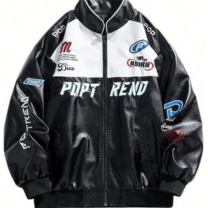 Chaqueta de Cuero Sintético Personalizada Estilo Streetwear con Parches de Colores, Letras Bordadas y Estampado Gráfico, Chaqueta Bomber con Cremallera Resistente al Viento para Hombre - Product Image 4