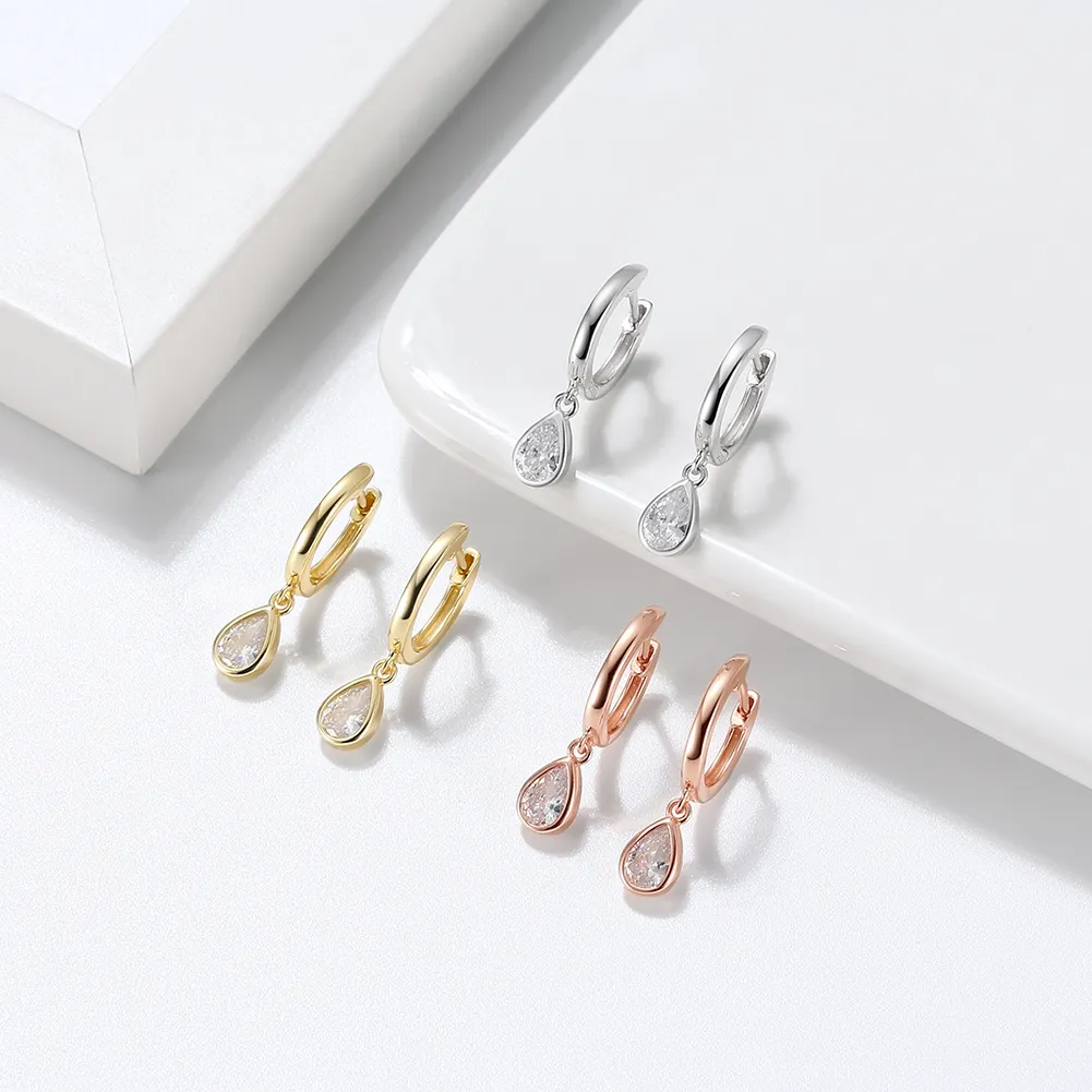 RINNTIN APE50 Fine Jewelry 925 Sterling Silver Hoop Earrings High Quality Pear Cut Cubic Zirconia Drop Earrings