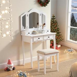 Sanlo Solid Oak Wooden Vanity Makeup <b>Table</b> and Stool Set with Lighted <b>Mirror</b> Removable Feature White Bedroom Furniture - Product Image 1