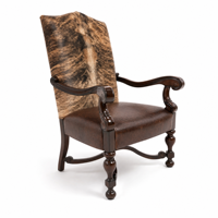 Fauteuil d'appoint Western en cuir pleine fleur avec assise en cuir repoussé, accoudoirs festonnés, pieds tournés et traverses courbées, structure en bois foncé