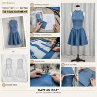 Robe mini sans manches bleue pour femme, col montant, effet denim, coupe évasée, taille froncée, décontractée, été, personnalisable OEM