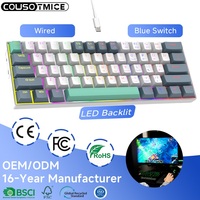Clavier de jeu mécanique optique RK61 61 touches 60 % avec interface USB-C, rétroéclairage LED, compact, mini, portable, interrupteurs bleus pour PC/ordinateur portable
