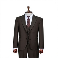 Costume d'affaires homme en polyester marron foncé, croisé, col mandarin, devant plat, coupe droite, grandes tailles, infroissable, tissé