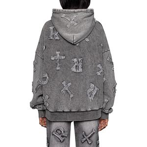 ผู้ผลิตเสื้อฮู้ดดี้แบบกำหนดเอง เสื้อฮู้ดดี้สตรีทแวร์ผ้าเฟรนช์เทอร์รี่หนานุ่ม แต่งลายปะติด ทรงโอเวอร์ไซส์ วินเทจ ล้างสีแบบแอซิดวอช - Product Image 2