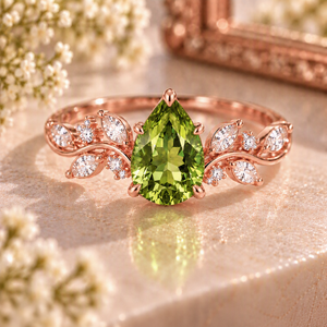 Pear Cut <b>Peridot</b> Engagement <b>Ring</b> 925 Sterling Silver Rhodium Plated Luxury Leaf Vine Design Green Gemstone - Product Image 5