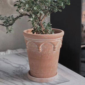 Pot de fleurs en céramique émaillée de style nordique simple, rétro romain, sur pied, avec trou de drainage, motif en relief, grande ouverture - Product Image 3