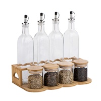 Set Cruet kaca 8 buah, dengan rak kayu, toples bumbu dan botol cuka minyak untuk penyimpanan makanan