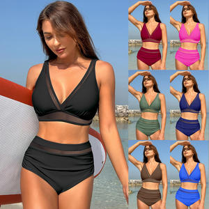 Traje de baño de bikini para mujer, conjunto de dos piezas con cuello en V profundo, traje de baño deportivo con ribetes en contraste para deportes acuáticos en la playa, talla para adultos S M L XL - Product Image 1