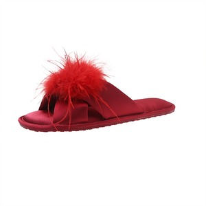 QuiteS New Arrival Summer Home <strong>Slippers</strong> <strong>with</strong> FUR <strong>Feather</strong> Bridesmaids Brides Slip-Ons Soft Non-Slip Red Flat <strong>Slippers</strong> for Wedding - Product Image 2