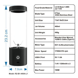 Licuadora Eléctrica Portátil, Recargable por USB, Mini Licuadora de Frutas Inalámbrica, 400ML - Product Image 6