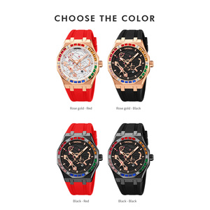 Montre en cristal arc-en-ciel brillant SKMEI, squelette en or rose, montre en silicone étanche pour hommes - Product Image 3