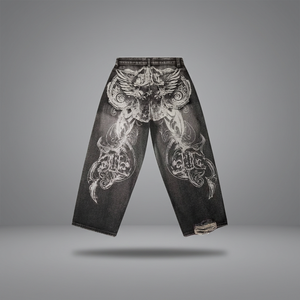Men's Distressed Printed Denim Jeans Mid Waist Heavyweight Straight Leg Baggy Fit Raw Edge High Street Hip Hop Casual <b>Pants</b> - Product Image 2