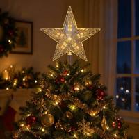 Kristall-facettierter LED-Stern als Baumspitze, 5-zackig, warmweiß beleuchtet, Weihnachtsbaum-Stern-Dekoration, EU-Stecker