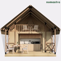 Tente double couche en bois massif et tentes à structure en acier Tente de pavillon de glamping avec tissu anti-moisissure Deux chambres Double balcon