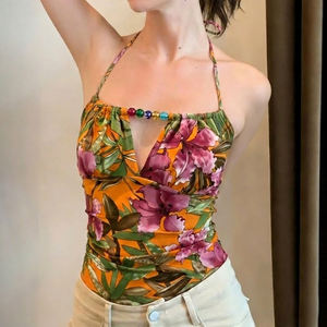 Top Cami para Mujer, Estilo Retro, Estampado Floral Colorido, con Cuentas, Estilo Artístico - Product Image 2
