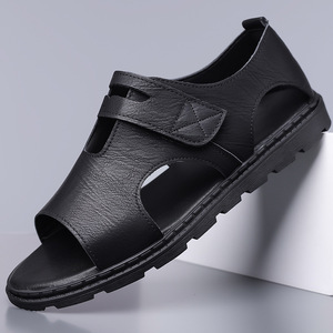 Sandales plates pour hommes en cuir souple avec fermeture Velcro, antidérapantes, pour l'été, la plage, en noir, marron, gris, tailles 39, 40, 41, 42, 43, 44 - Product Image 1