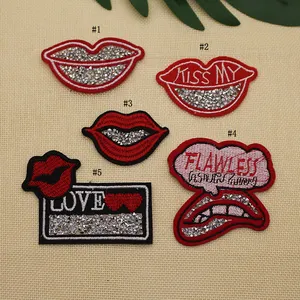 Hochwertige Mode Strass Pailletten Lippen Patch Applique Eisen auf Patches benutzer definierte Stickerei