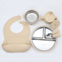 Ensemble d'alimentation pour bébé en silicone personnalisé avec assiette en acier inoxydable, bol à ventouse, tasse à paille, bavoir et cuillère - Portable, réutilisable, non toxique