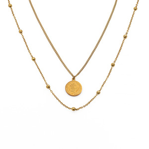 French Style Double Layer Necklace Gold Coin Pendant Zinc Alloy Chain Fashion Jewelry for Women - Product Image 5