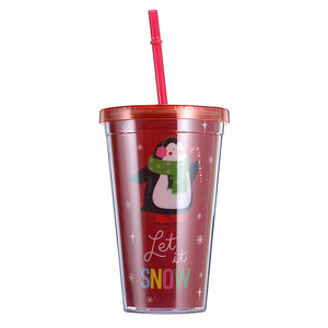 Christmas Themed Double Wall Plastic Straw Cup With Lid And Straw 500Ml For Holiday Gift - Product Image 5
