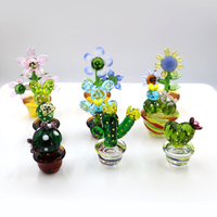 Dekorasi Meja Mini Ornamen Kaca Murano Buatan Tangan Tiupan Manual Kerajinan Kaca Lampwork Figurine Tanaman Kaktus Bunga