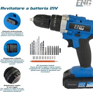 ENG PRO 임팩트 드릴 21V 케이스 27개 액세서리 2개 배터리 1개 속도 조절 충전기 0-1350 RPM 자가 구동 스핀들 10mm UM ET AB21 - Product Image 2
