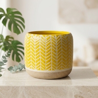 Pot de fleurs en céramique jaune à chevrons, vase en céramique bicolore gaufré, base mate à glaçure brillante, récipient de décoration intérieure de style mid-century