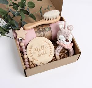 Juego de caja de regalo para Baby Shower recién nacido, juego de dormir para recién nacido de tela orgánica con Clip de chupete de ganchillo, envoltura de muselina con logotipo impreso Digital - Product Image 5