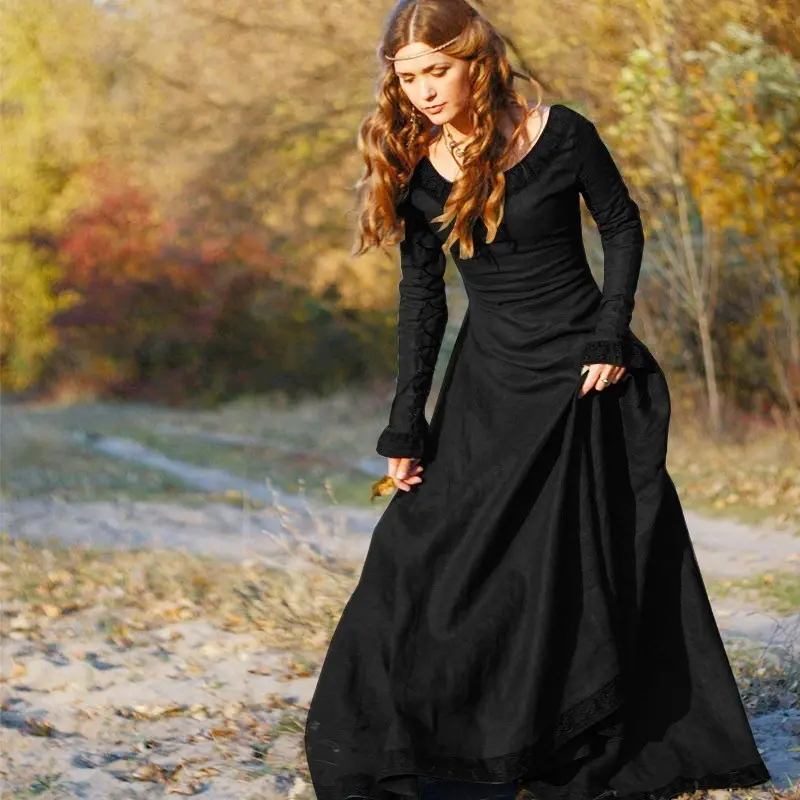 Gaun wanita Eropa dan Amerika populer gaun Retro Abad Pertengahan 2024 gaun performa lengan panjang wanita