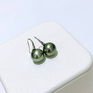 S925 Sterling <b>Silver</b> Tahitian Pearl Hook <b>Earrings</b>, 9-10mm Aurora Peacock Green Cultured Seawater Pearl Near Round for women - Product Image 3