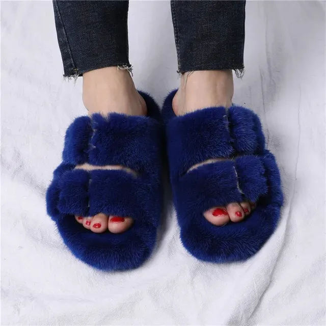 รองเท้าแตะขนสัตว์มิงค์แท้สำหรับผู้หญิงส้นแบนรองเท้าแตะขนสัตว์หรูหราสำหรับฤดูหนาว