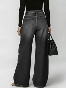 Women Mid Rise <b>Stretch</b> Wide Leg Jeans Hollow Side Metal <b>Ring</b> Design Washed Denim Floor Length Trousers - Product Image 3