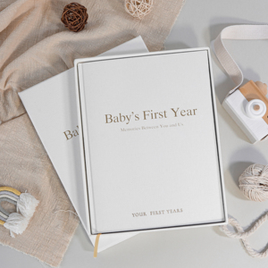 Impresión personalizada cubierta de lino natural logotipo estampado minimalista hitos Peachly Unisex Primer <span class=keywords><strong>Año</strong></span> recuerdo bebé libro de memoria - Product Image 1