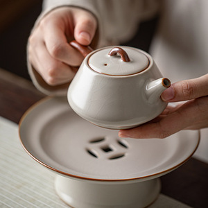 Tetera Pequeña Hecha a Mano en Horno Ru, Juego de Té de Cerámica Kung Fu con Tapa, Tetera de Piedra Beige con Cucharón, Puede Usarse para Cultivar - Product Image 2