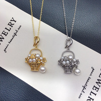 Pendentif Panier de Fleurs Plaqué Or 18K en Gros, Breloque Perle d'Eau Douce Naturelle Baroque, Bijoux de Mode Vintage