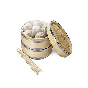 Advantageous Design 2 Tier Wooden Dim Sum <b>Box</b> Premium Quality Round Shape Momo Steamer At Attractive Price - Product Image 1