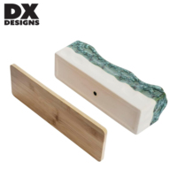 Pot Keramik DX Designs Motif Gelombang dengan Alas Bambu, Pot Sukulen Persegi Panjang untuk Dekorasi Meja & Rumah, Dilengkapi Lubang Drainase