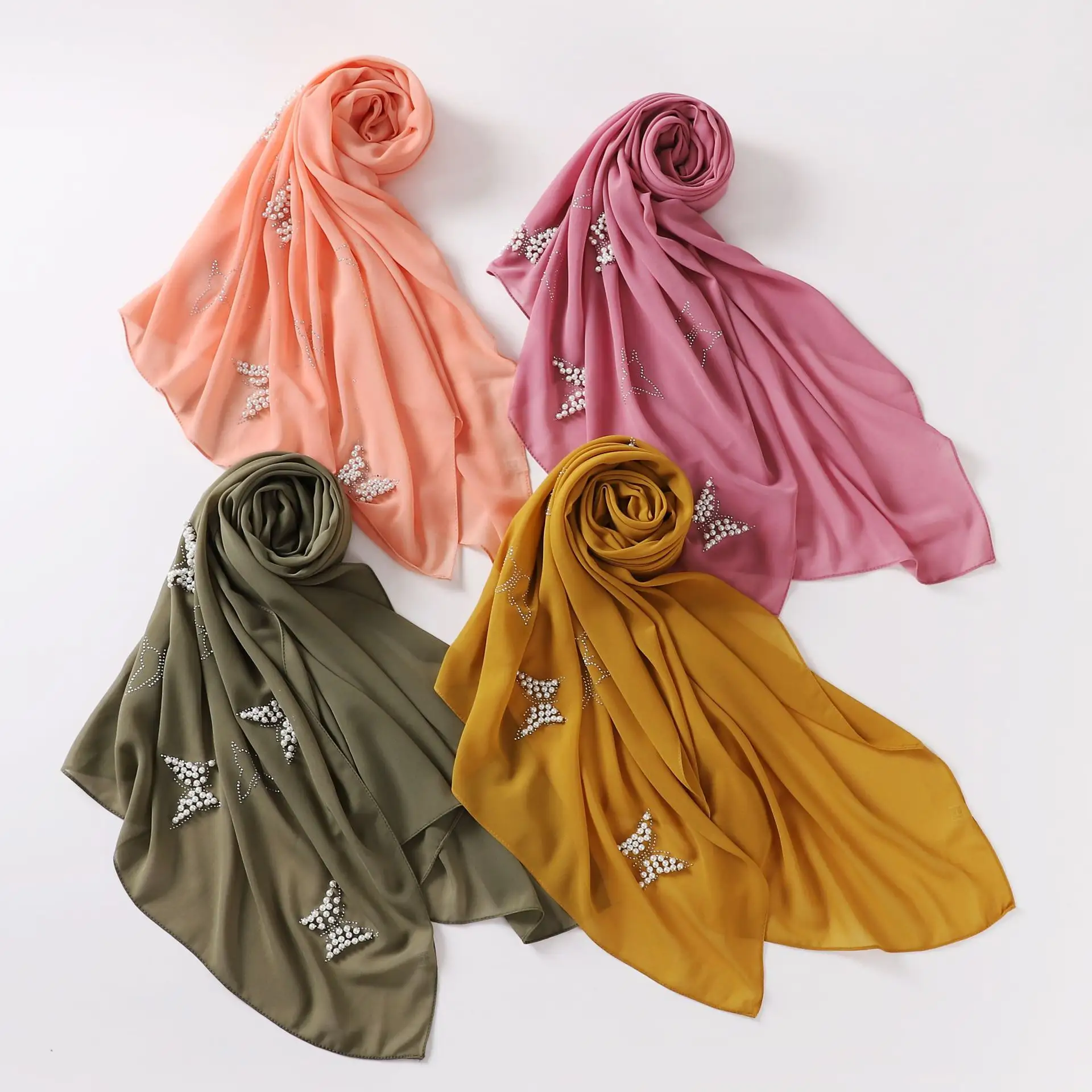 Fashion arabic muslim pearl chiffon hijab shawl for women 180*75cm bubble chiffon instant hijabs