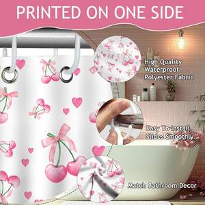 Luxury <b>Pink</b> <b>Bow</b> Shower Curtain Waterproof Fabric Bathroom Home Decor with Cute Cherry Design in Stock! - Product Image 3