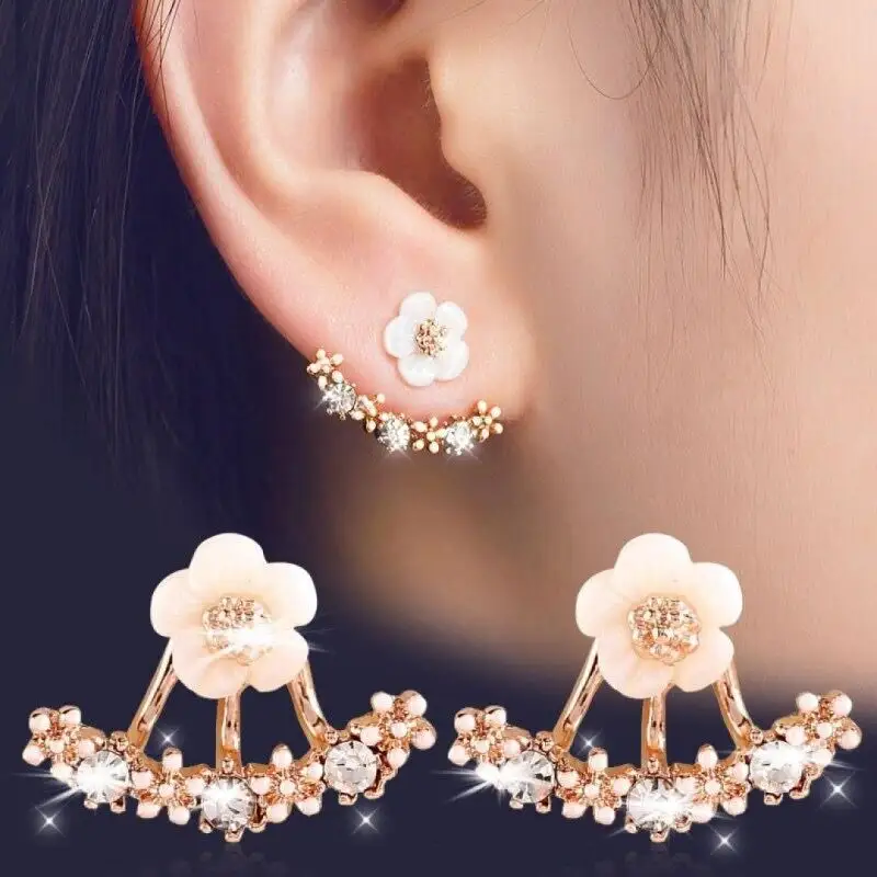 Korean version of Simple Crystal Small Zou Ju Flower Earrings Back Hanging Jewelry Earrings Women