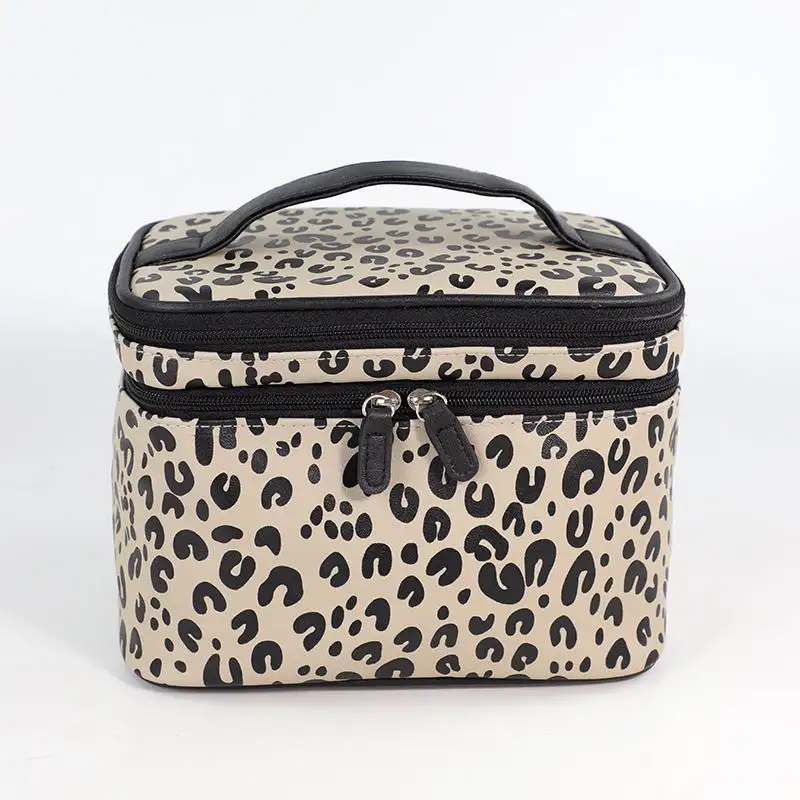 Popular Style Unique Leopard Print Double Layer Toiletries Hot Sell Portable Travel Leather Women Makeup Bags