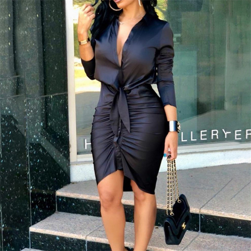 Office ladies v collar long sleeve formal shirt dresses women