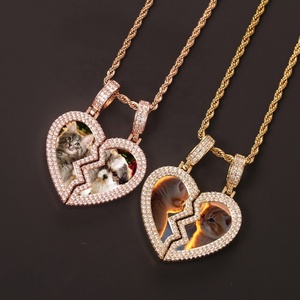 Personalizado Hip Hop memoria imagen colgante chapado en oro latón <span class=keywords><strong>Corazón</strong></span> Roto parejas Iced foto sublimación amor medallones collar - Product Image 3