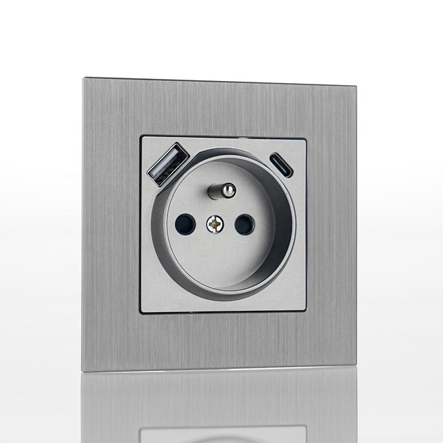Euro Standard French 2P+T Type Plug Brushed Aluminum Plate Electrical Power Wall Socket Outlet with Type A+C USB Chargers