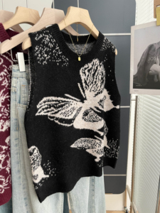 Chaleco de punto jacquard con estampado animal y cuello redondo para mujer, negro, sin mangas, transpirable, holgado, informal, para otoño, top sin mangas para combinar en capas - Product Image 1