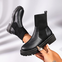 Bottines à chaussettes pour femme en cuir PU, à bout rond, à plateforme épaisse, avec revers tricoté, à enfiler, pour l'hiver, Noir Marron